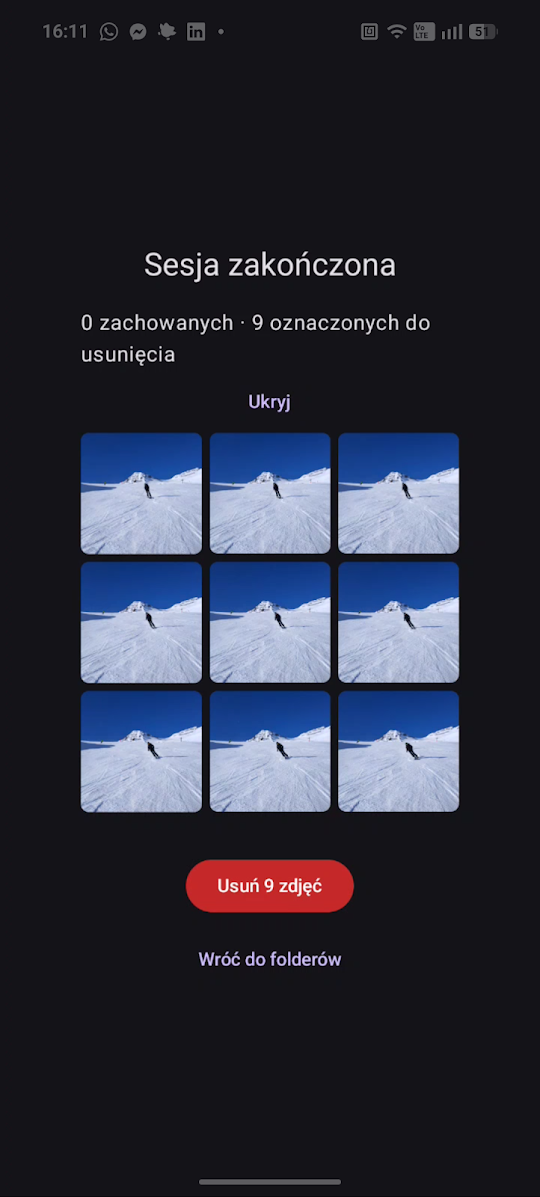 The end-of-session screen: a grid of nine thumbnails marked for deletion, a summary reading 0 kept and 9 marked for deletion, and a red confirmation button labelled Delete 9 photos.
