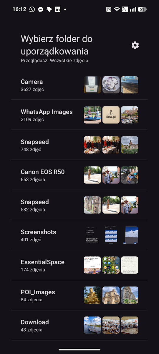 The folder picker listing the device's photo folders with a photo count and preview thumbnails for each — Camera with 3,627 photos, WhatsApp Images, Snapseed, Canon EOS R50, Screenshots and more.