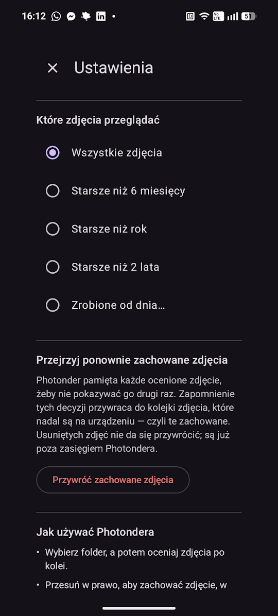 The settings screen: radio options limiting the queue to all photos, photos older than six months, older than a year, older than two years, or taken before a chosen date, above a button that brings kept photos back into the queue.