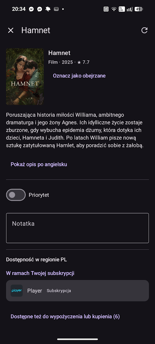 A title's detail screen: the poster and heading for the film Hamnet, 2023, rated 7.7, a Mark as watched action, a priority toggle and a notes field, and an availability section for the Polish region listing one service included in the viewer's subscription above six rent-or-buy options shown separately.