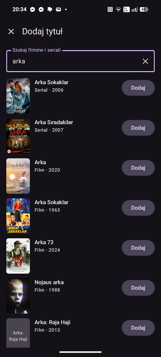 The add-a-title screen: a search field containing the query 'arka' above a list of matching films and series, each with its poster, type and year, and an Add button.