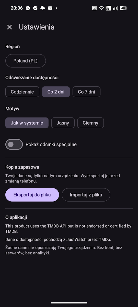 The settings screen: region set to Poland, availability refresh set to every two days, a theme choice of system, light or dark, a toggle for special episodes, Export to file and Import from file buttons, and the TMDB and JustWatch attributions at the bottom.